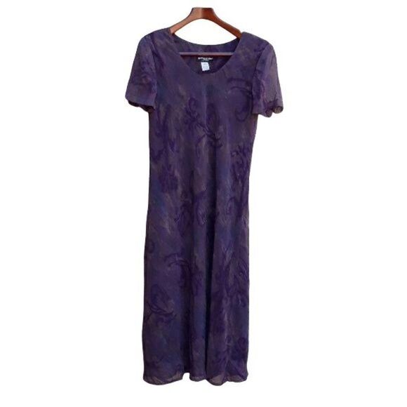 Vtg 80's Michael Blair Dress Short Sleeve Maxi Crinkle Tie-dye Plum Scroll Sz 14 - Picture 2 of 8